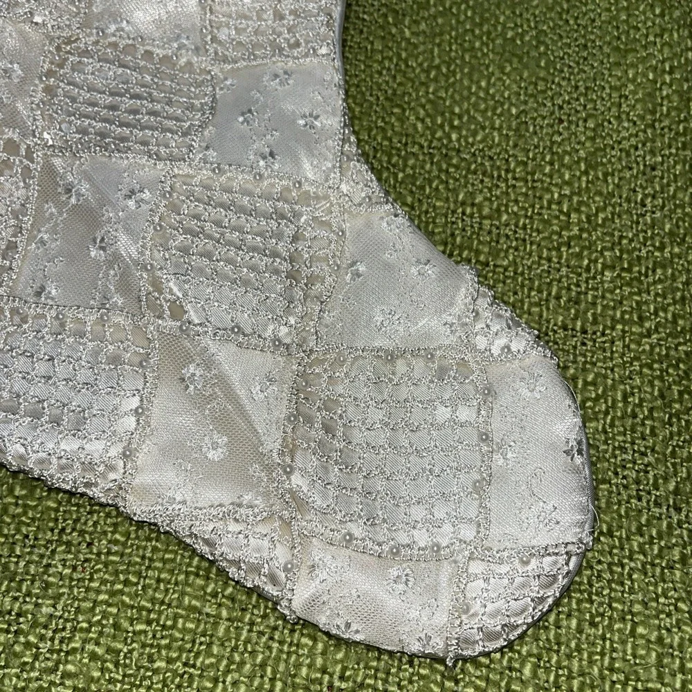 Christmas stocking Vintage Shabby Chic Cream Satin Lace Pearls Eyelet-Trimmed‎